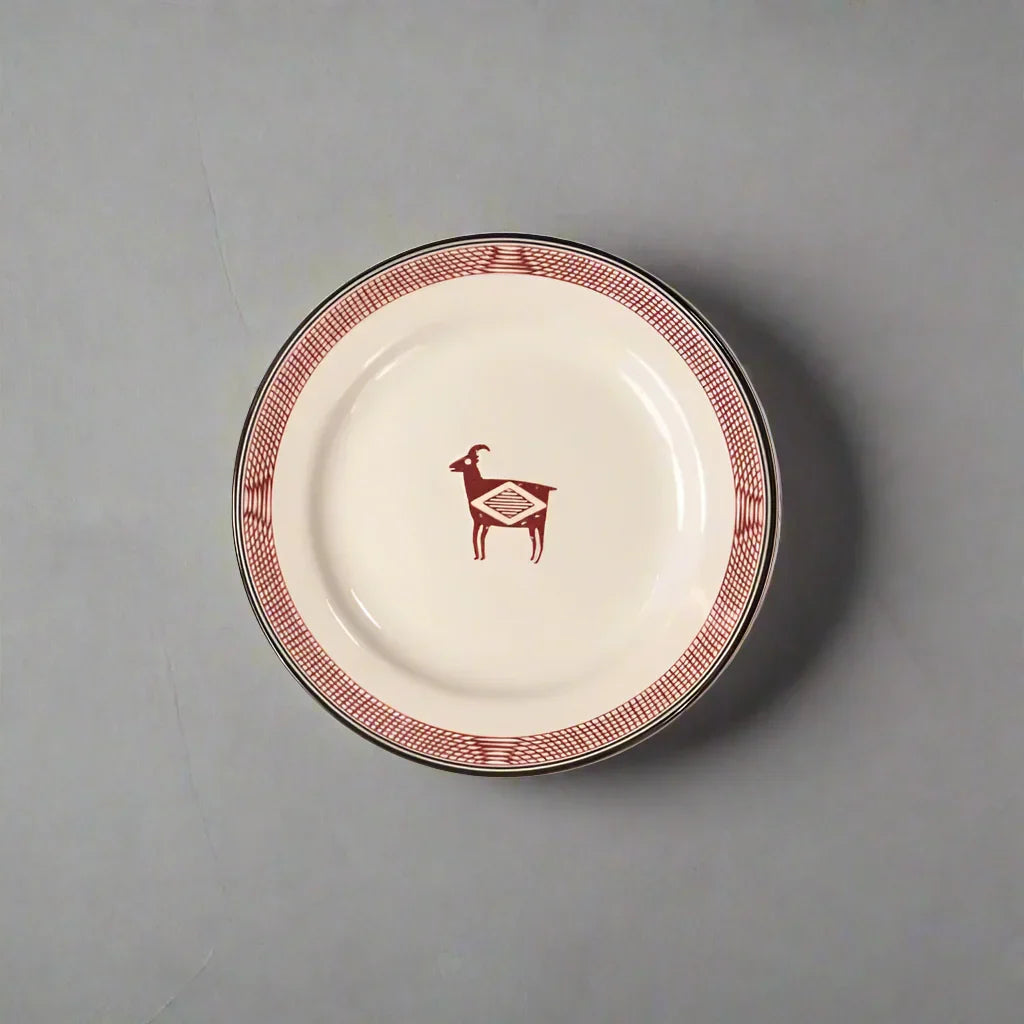 Mimbreño salad plate in maroon and white with Aztec goat art - Blue Mountain Brands USA