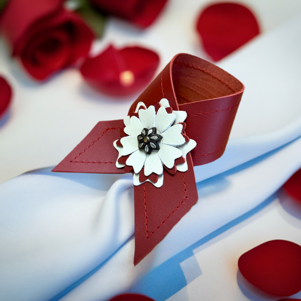 Handmade red leather napkin ring with leather flower - Made in Oregon Blue Mountain Brands USA Home Decor