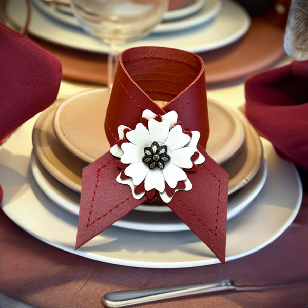 Blue Mountain Brands handmade red leather napkin ring with custom flower center - Handmade in Oregon