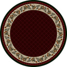 Round Evergreen Rug in Garnet with pinecone border 