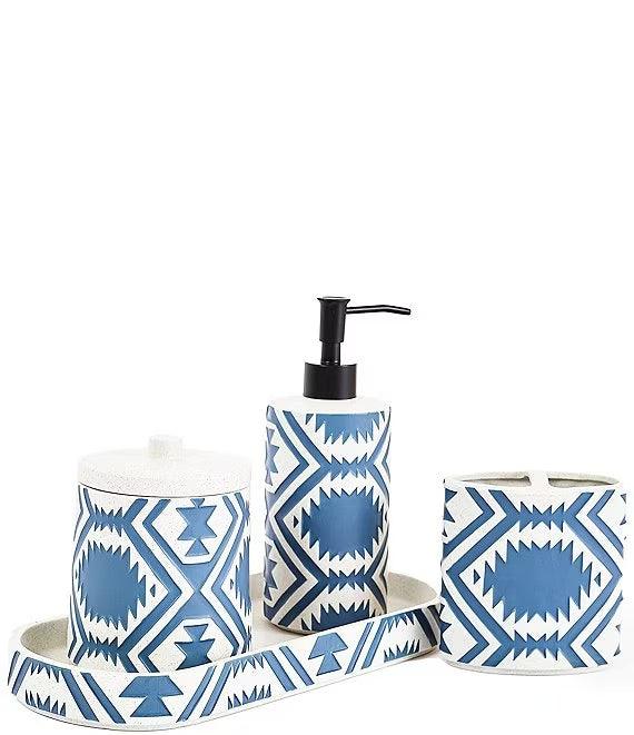 White Sands, Shifting Dunes Bath Accessory Set - Lotion Pump - Canister - Toothbrush Holder - Tray - Blue & White - Pendleton Design - Blue Mountain Brands Home Decor USA