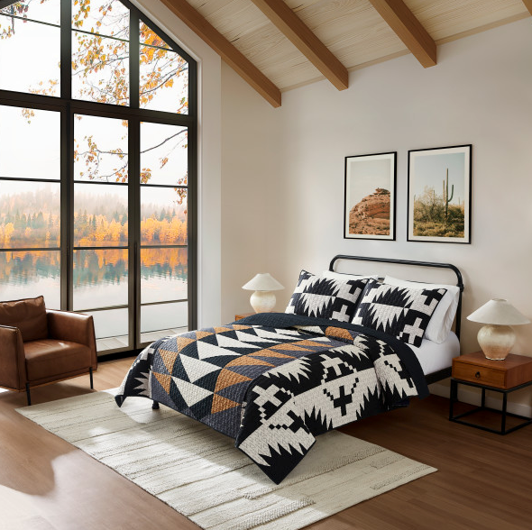 Spider Rock Quilt Set - Black, Brown & White - Geometric Pattern - Black & White Shams - Blue Mountain Brands USA