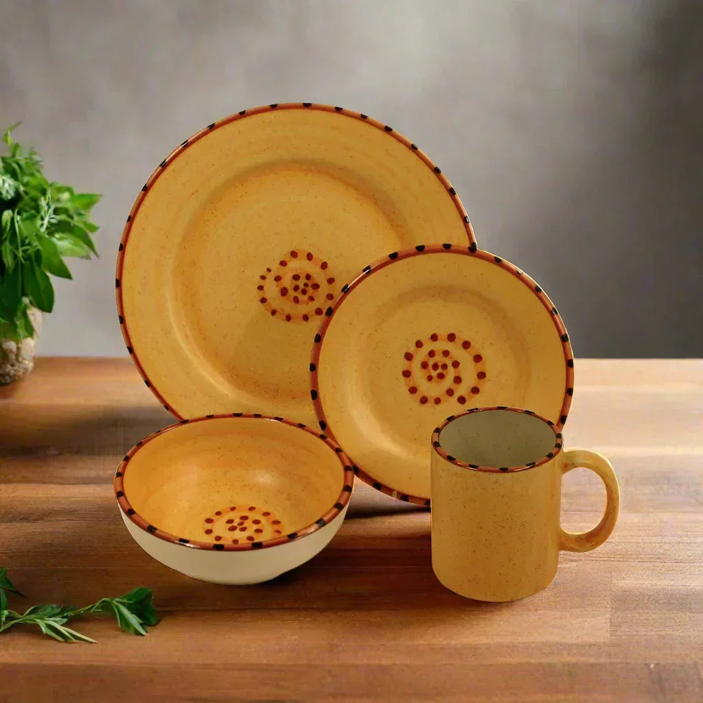 Aurora Burnt Orange and Red Dinnerware Set on kitchen counter - Blue Mountain Brands USA