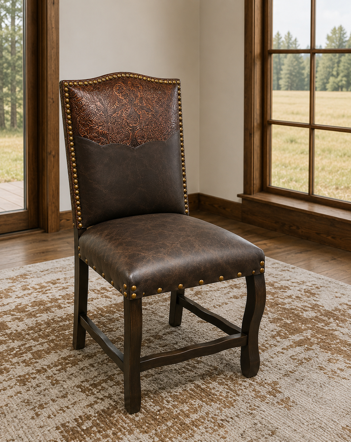 Tooled leather and smooth leather upholstered western dining chair with nail trim