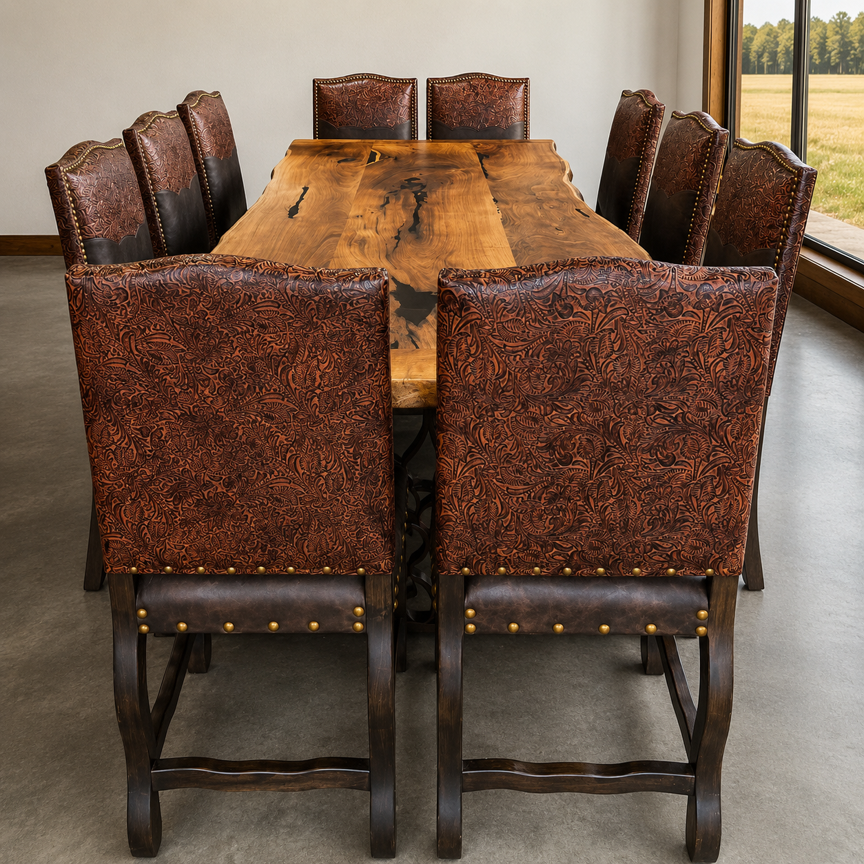 Autumn tooled leather western dining chairs at live edge dining table