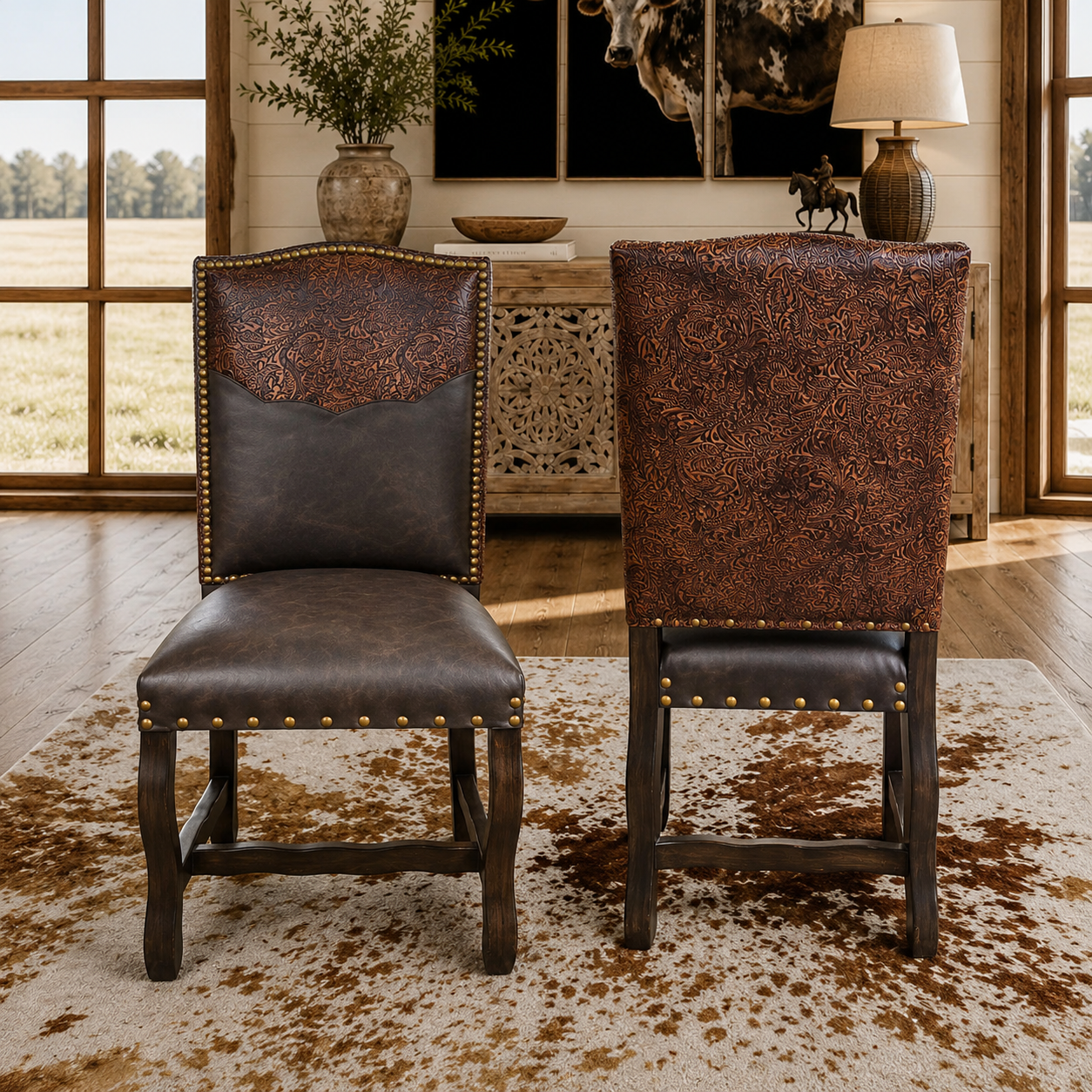 Autumn tooled leather western dining chairs front and back view