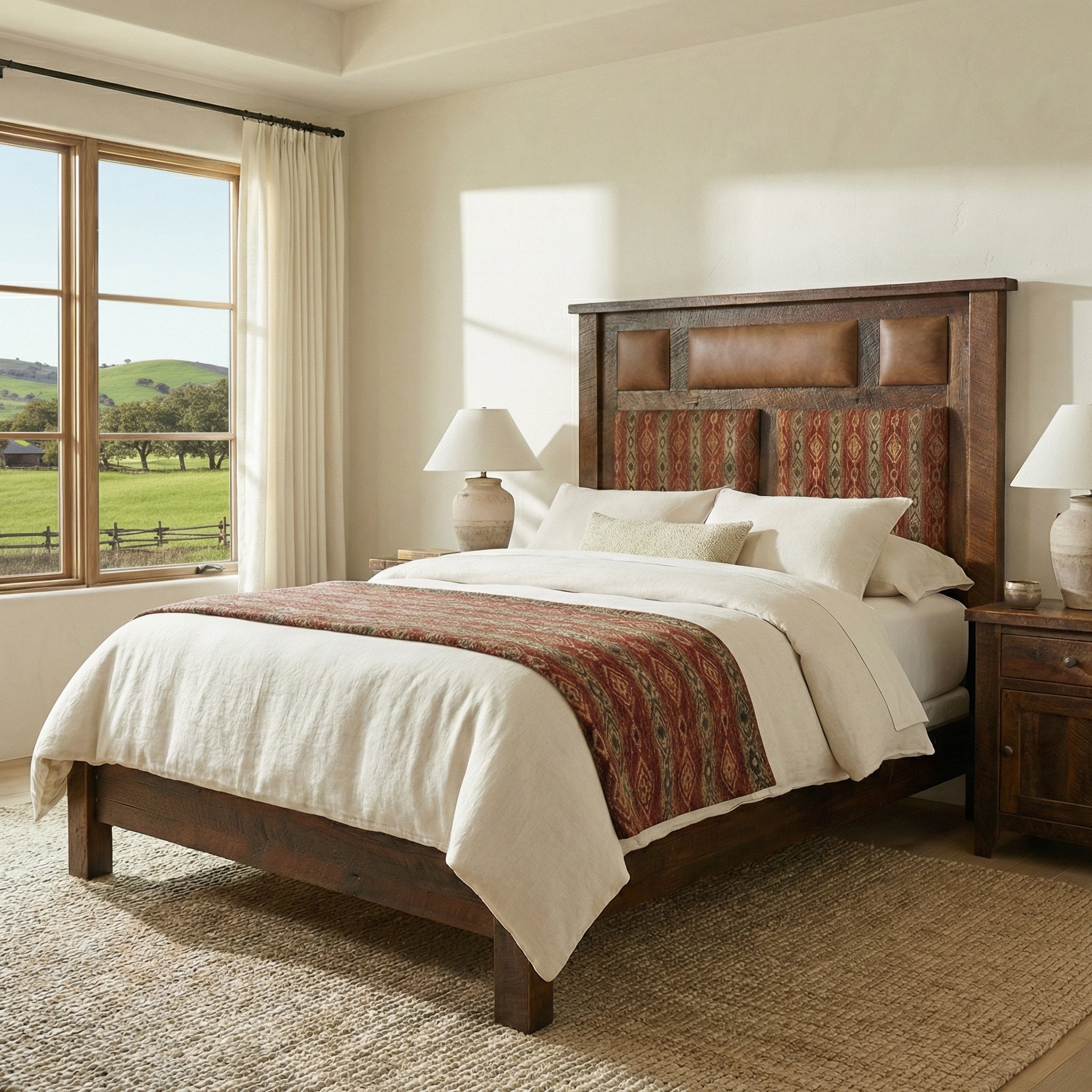 Custom upholstered barnwood bed in modern rustic bedroom with bright windows and white curtains 
