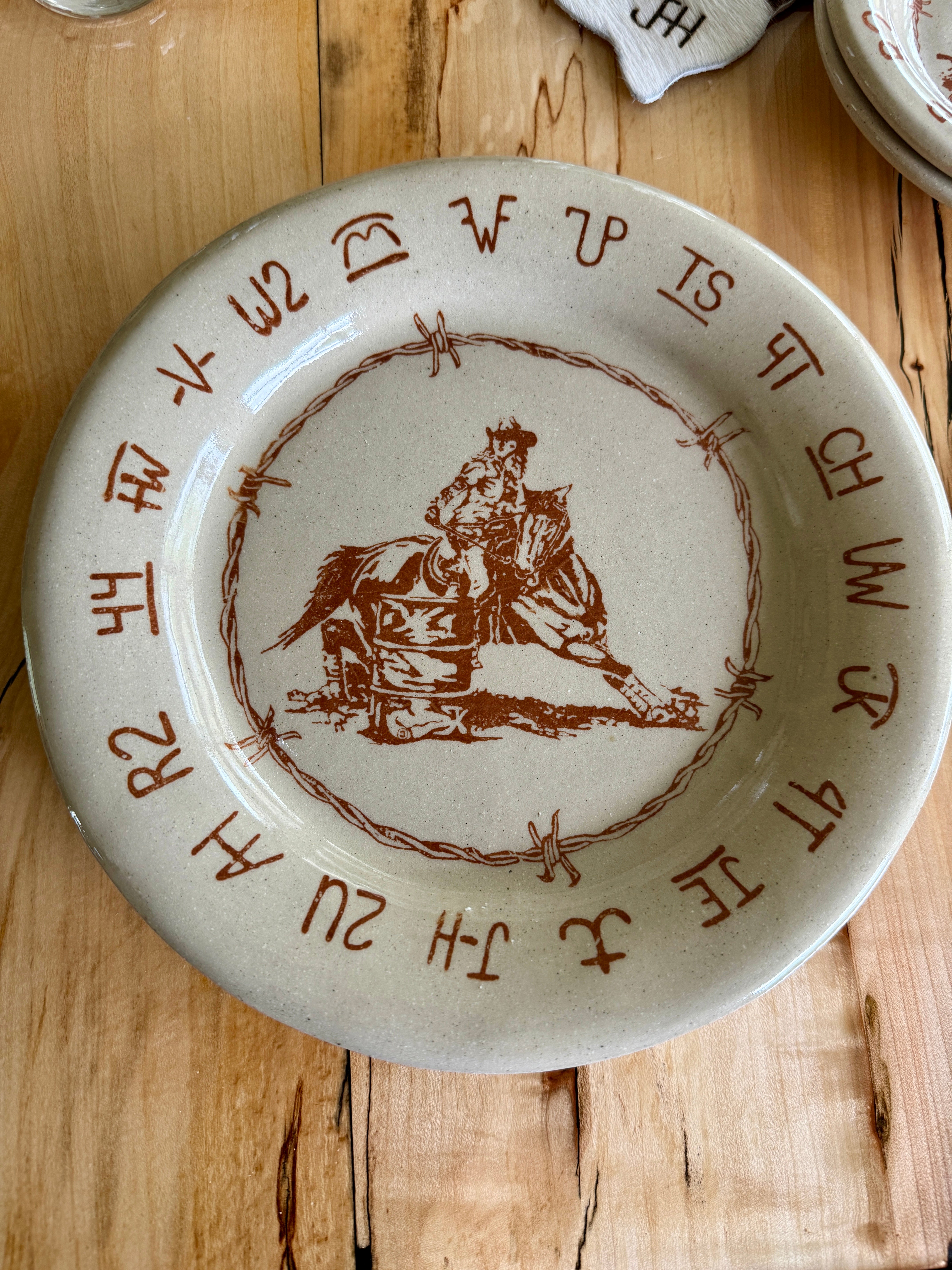 Blue Mountain Brands Western Salad Plate with barrel racer, brands and barbed wire - Made in Pendleton, Oregon USA