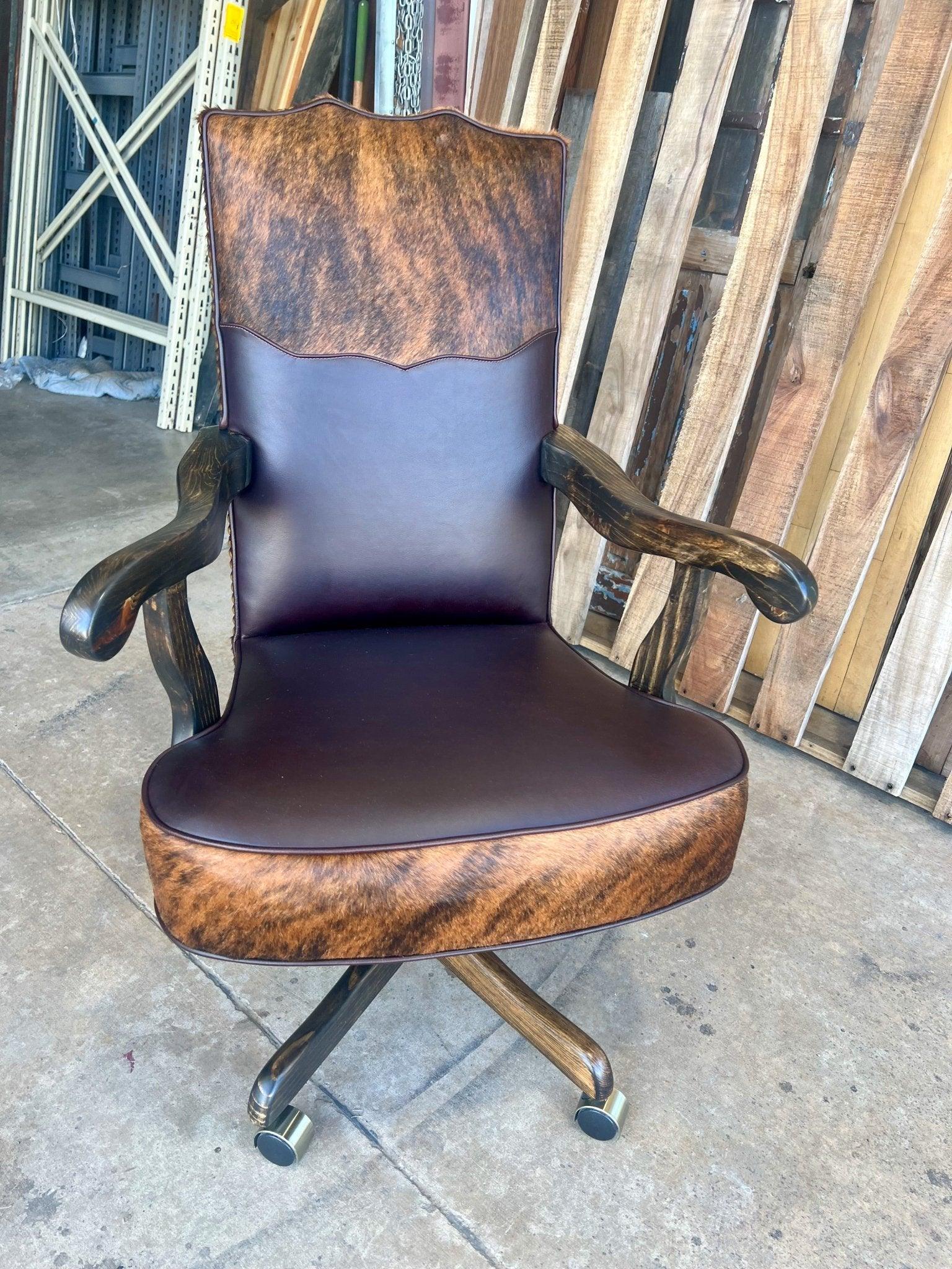 Dark brown leather with brindle cowhide accents western desk chair custom made in the USA - Blue Mountain Brands USA