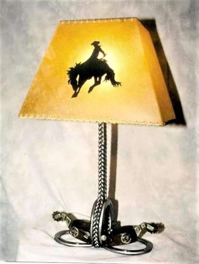 Hand forged braided iron, horse shoes and spurs western lamp - made in the USA 