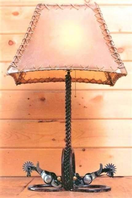 Hand forged braided iron, horseshoes and spurs western lamp - made in the USA 