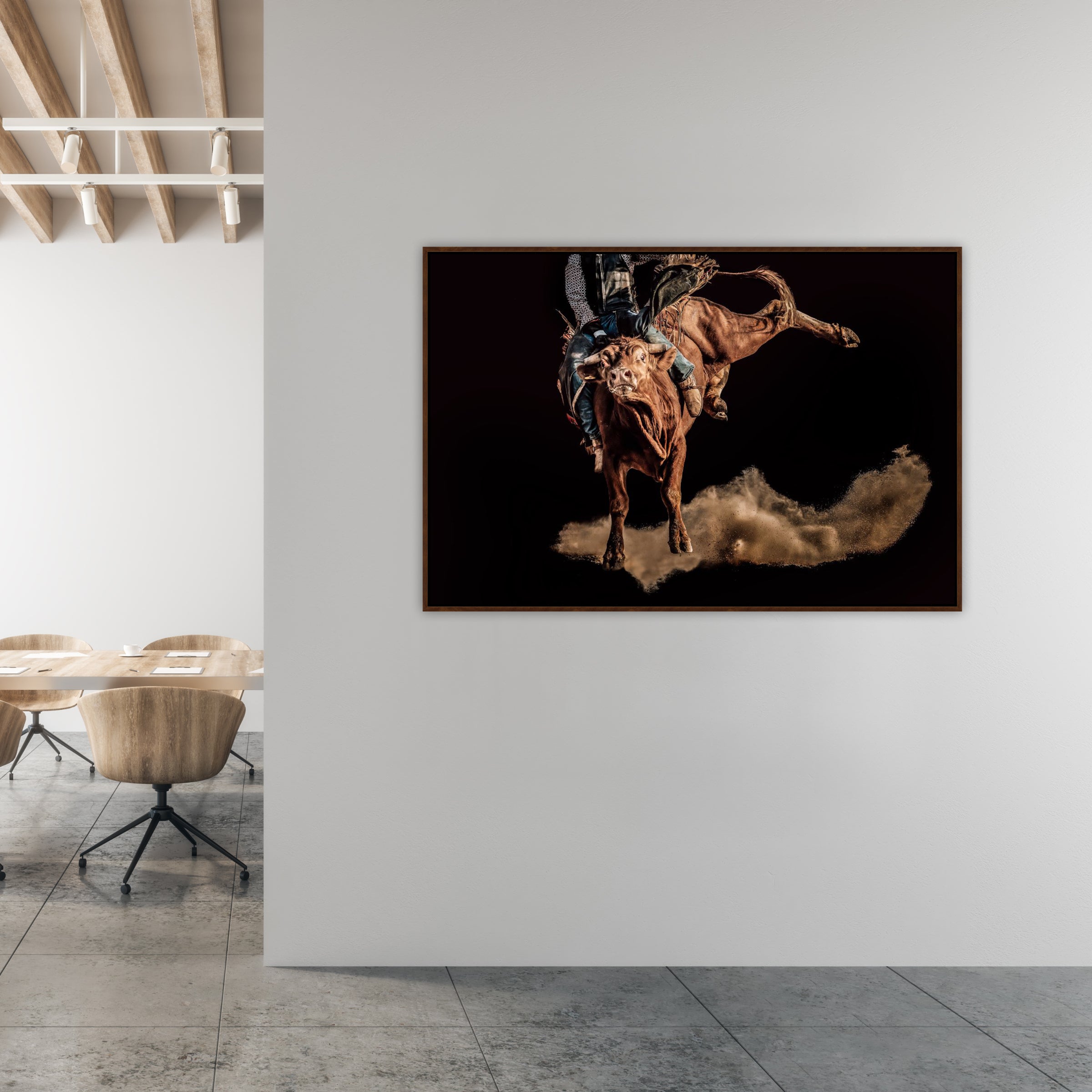 Framed artwork of a bull in a modern office setting - Blue Mountain Brands USA