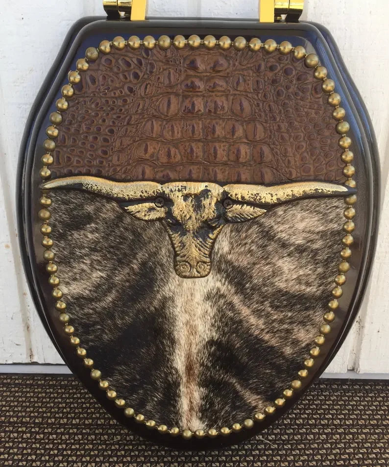 Western toilet seat with longhorn, leather and cowhide - Your Western Decor