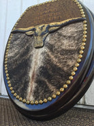 Cattlemans western bath decor toilet seat with cowhide, croc leather, tacking and Longhorn embellishment, custom made in the USA - Your Western Decor