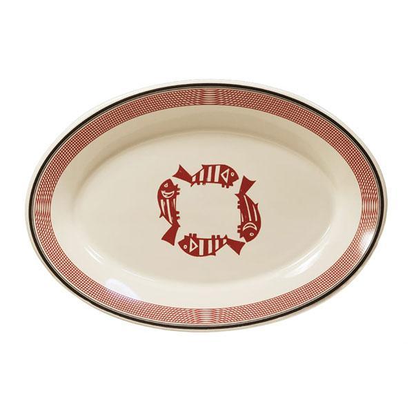Oval Mimbreno Four Fish serving platter in white and maroon - Blue Mountain Brands USA
