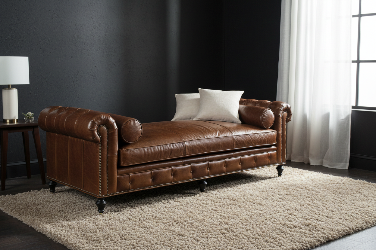 Brown leather sofa in a room with a dark wall and light curtains.
