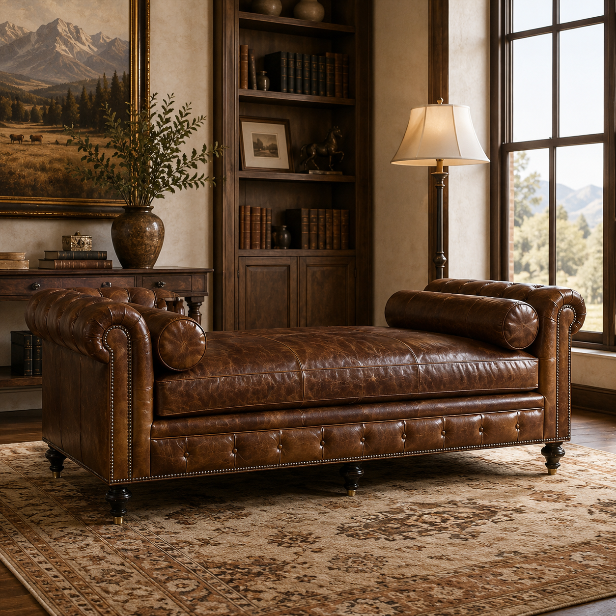 Brown leather chaise lounge in a room with bookshelves and large window
