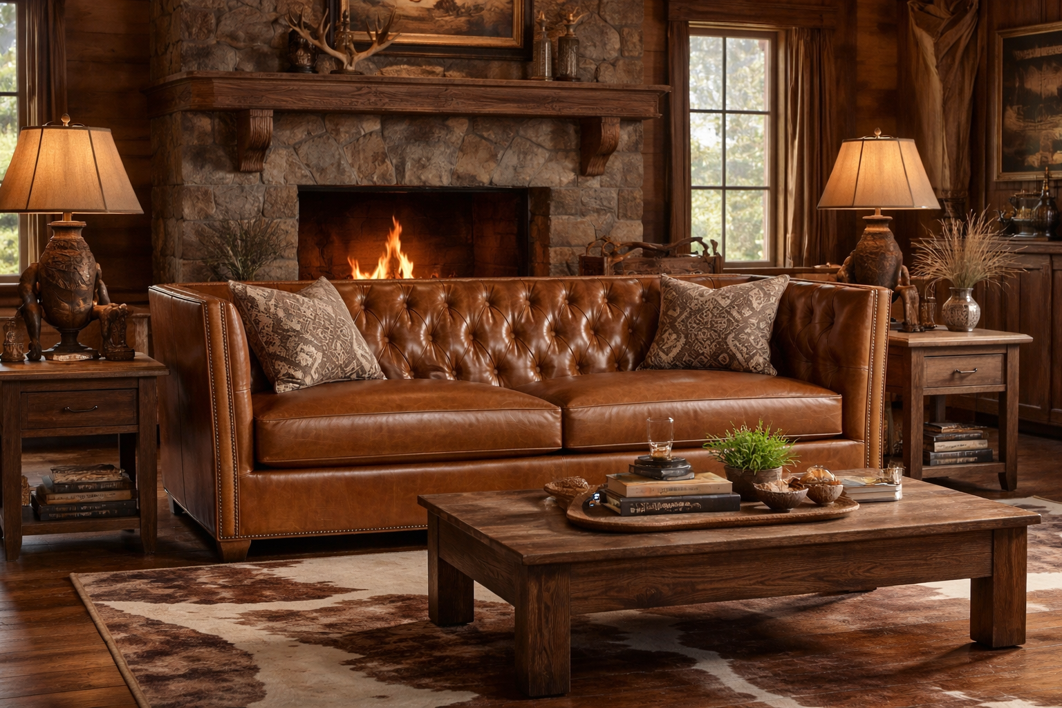 Cozy living room with a brown leather sofa, stone fireplace, and wooden coffee table - Blue Mountain Brands USA
