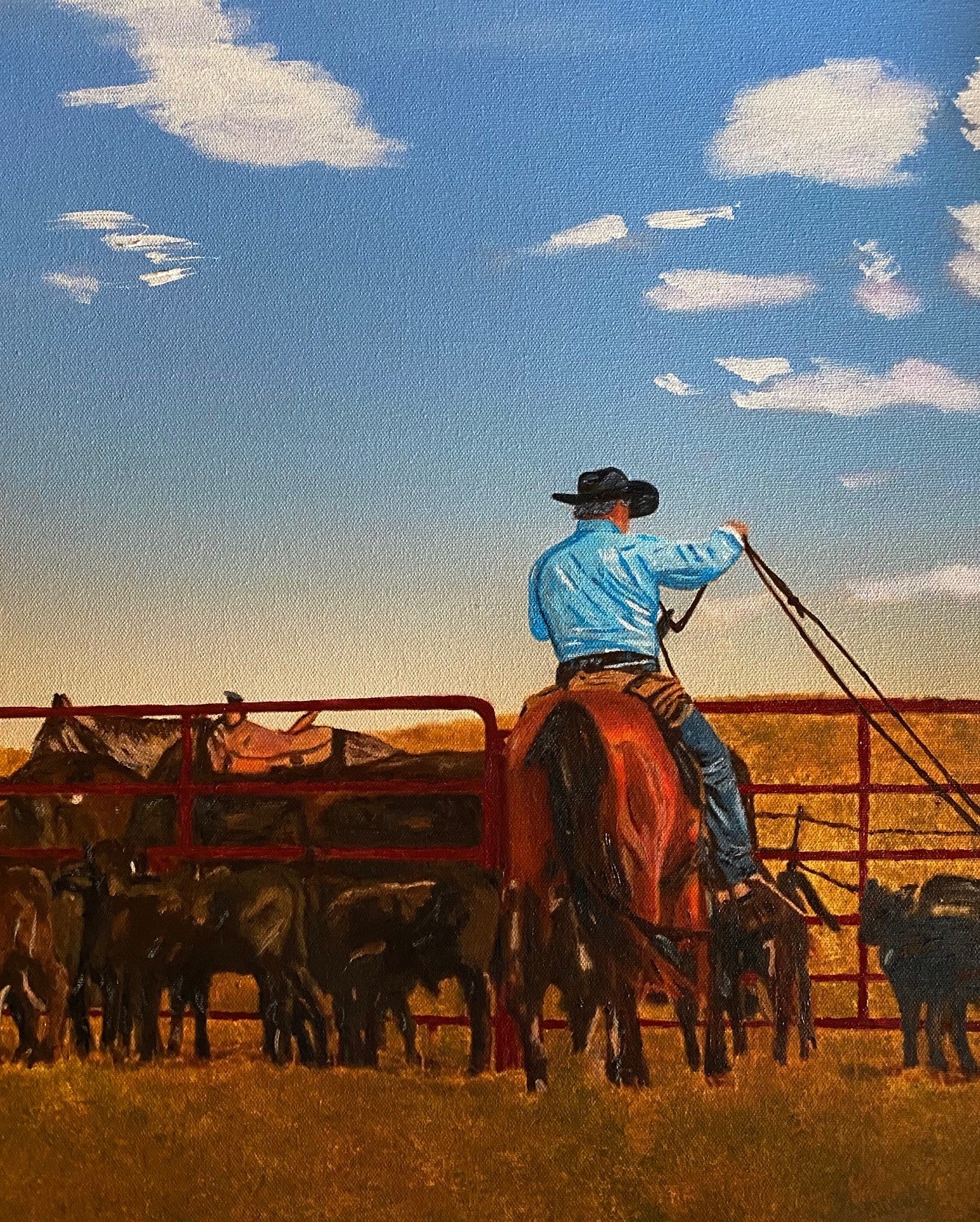 Canvas art of Cowboy on horseback with a herd of cattle against a blue sky with clouds. Made in the USA - Blue. Mountain Brands USA