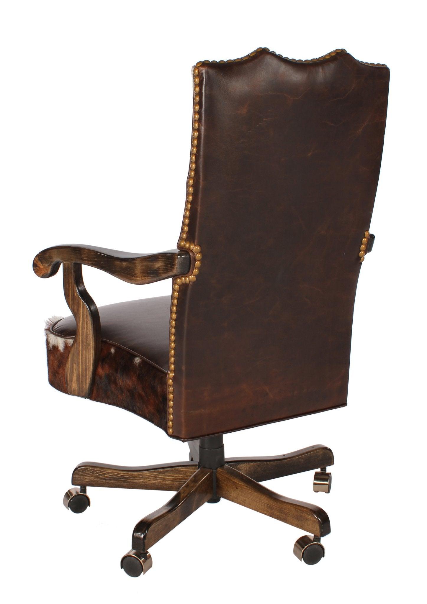 tri color cowhide office chair back with dark leather seat and wood frame western executive desk chair