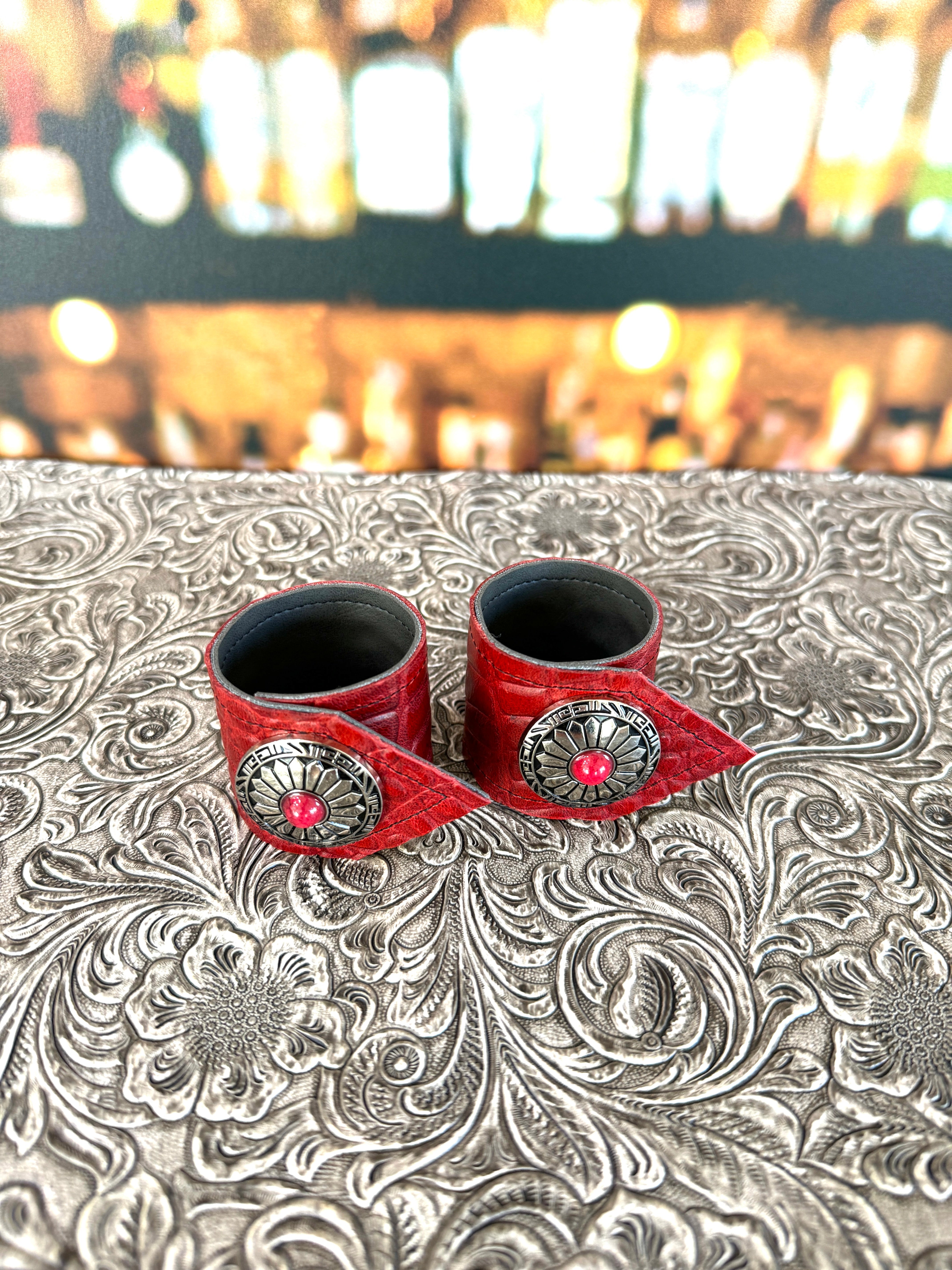 Red Croc Leather & Concho Napkin Rings - Blue Mountain Brands USA