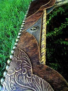 Handmade rectangle barnwood wall mirror accented with embossed leather and brindle cowhide with star conchos and continuous nailhead tacking - Handmade in Arizona, USA - Your Western Decor
