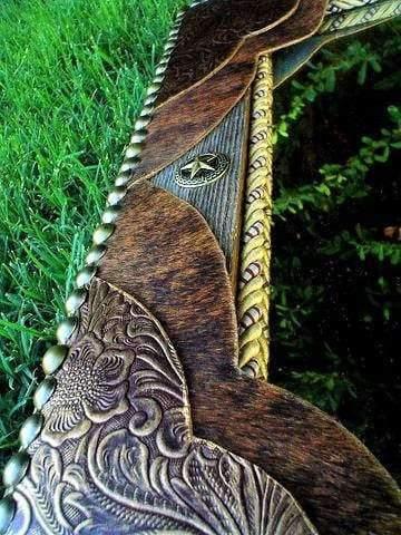 Handmade rectangle barnwood wall mirror accented with embossed leather and brindle cowhide with star conchos and continuous nailhead tacking - Handmade in Arizona, USA - Your Western Decor