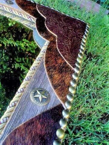 Leather Framed Mirror - Your Western Decor, LLCHandmade rectangle barnwood wall mirror accented with embossed leather and brindle cowhide with star conchos and continuous nailhead tacking - Handmade in Arizona, USA - Your Western Decor