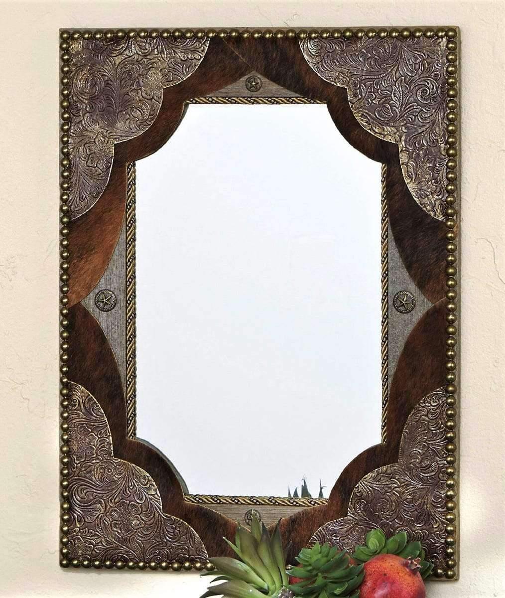 Handmade rectangle barnwood wall mirror accented with embossed leather and brindle cowhide with star conchos and continuous nailhead tacking - Handmade in Arizona, USA - Your Western Decor