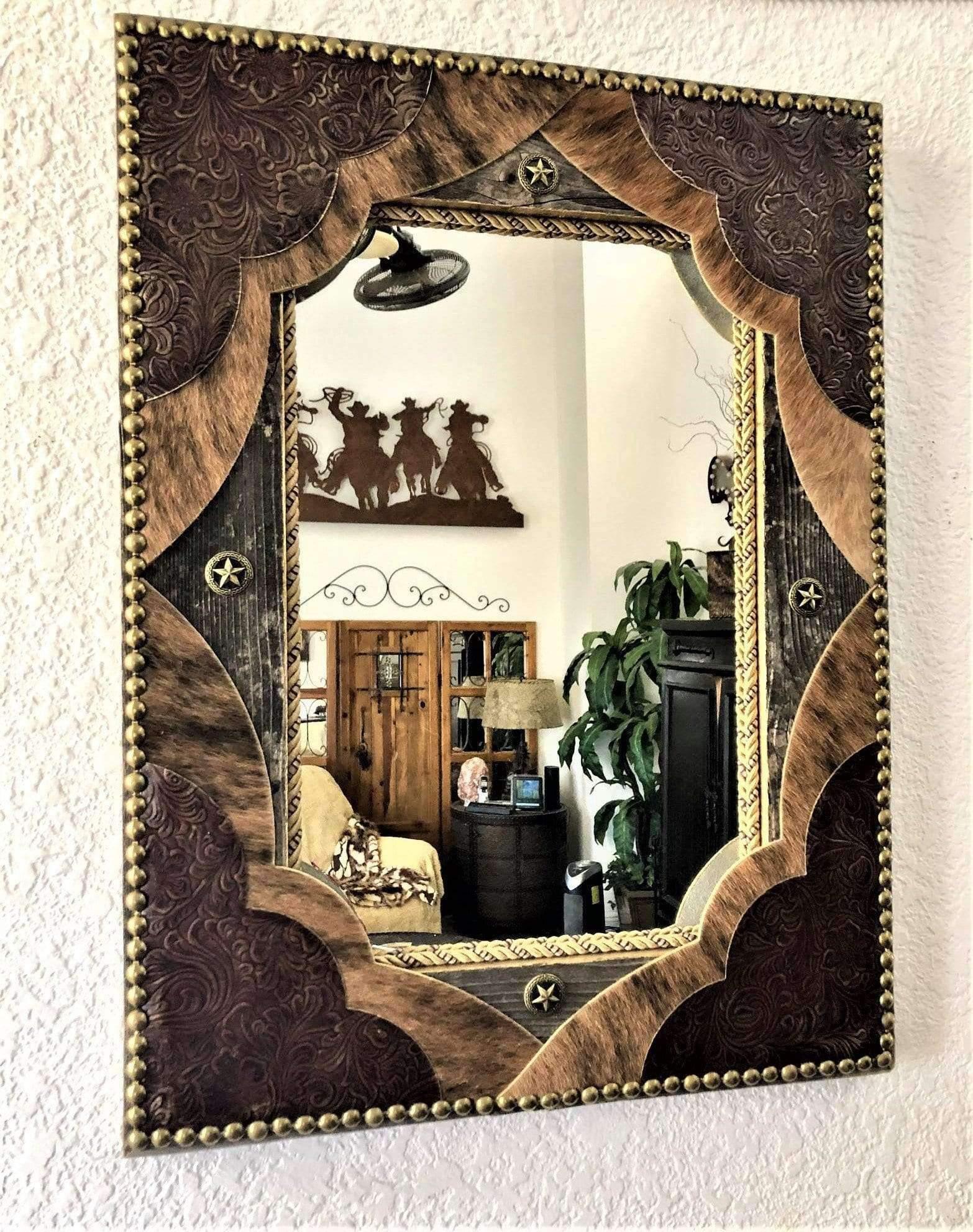 Handmade rectangle barnwood wall mirror accented with embossed leather and brindle cowhide with star conchos and continuous nailhead tacking - Handmade in Arizona, USA - Your Western Decor