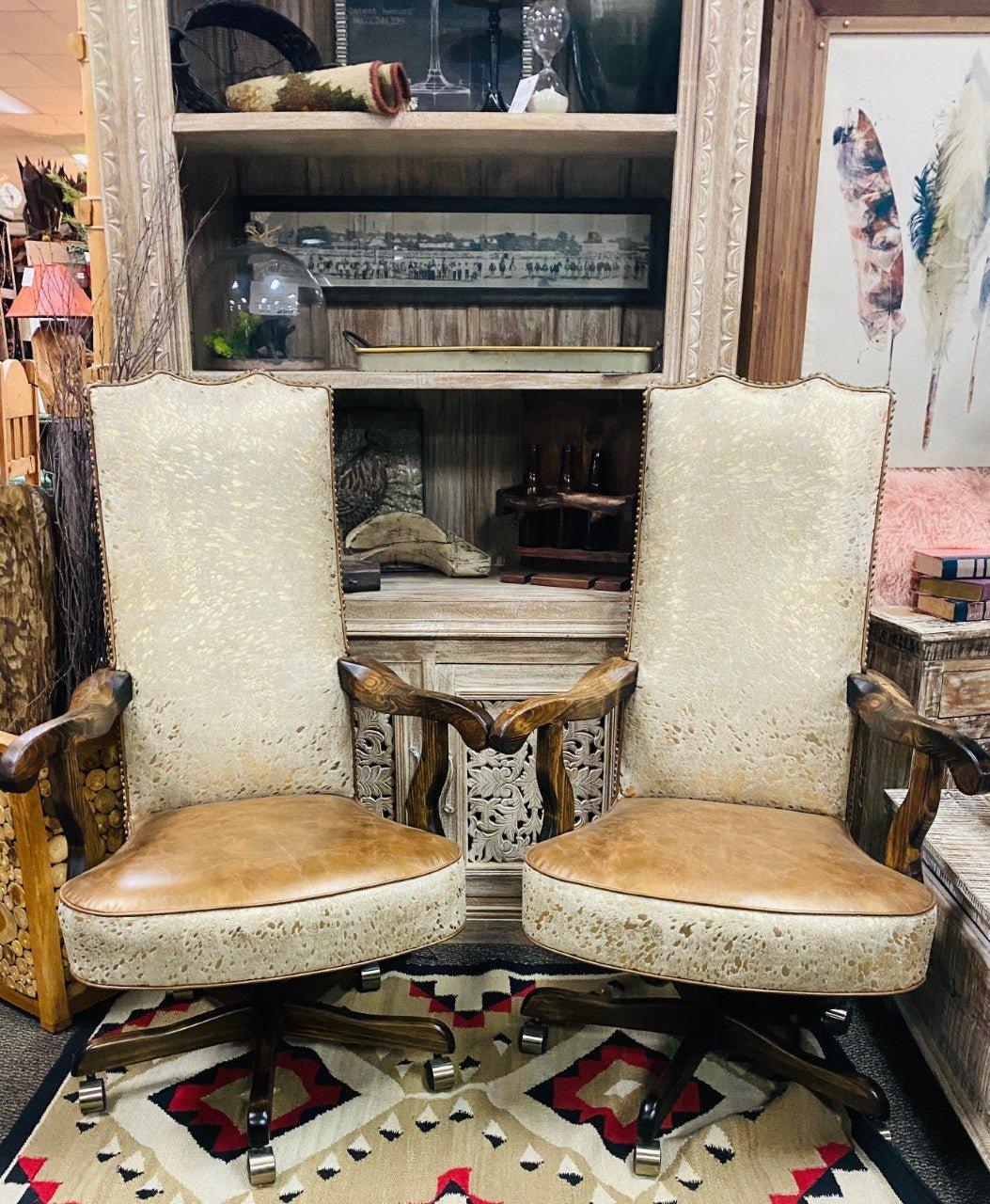 American made custom cowhide office chairs in gold metallic acid wash cowhide and honey brown leather - Blue Mountain Brands USA