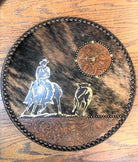 Brindle cowhide, tooled leather, nailheads and cutting horse clock Custom made to order in the USA - Blue Mountain Brands USA