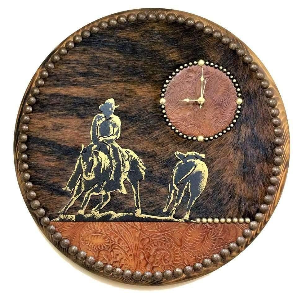 Western cowhide and leather cutting horse wall clock. Custom made in the USA - Blue Mountain Brands USA