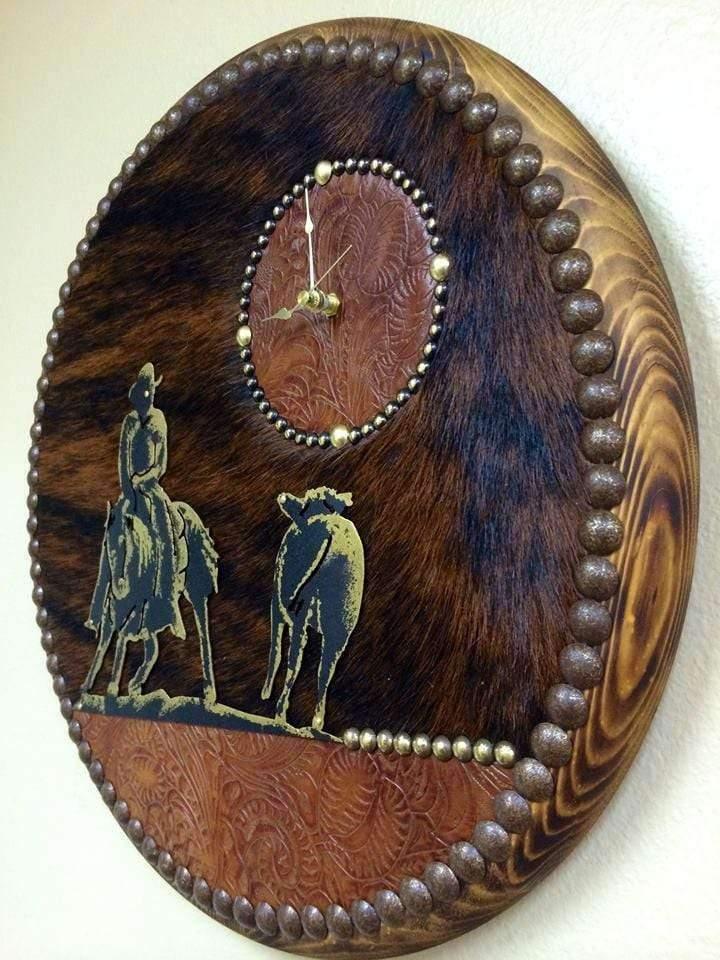 Custom Cutting Horse western clock with cowhide and leather - Blue Mountain Brands USA