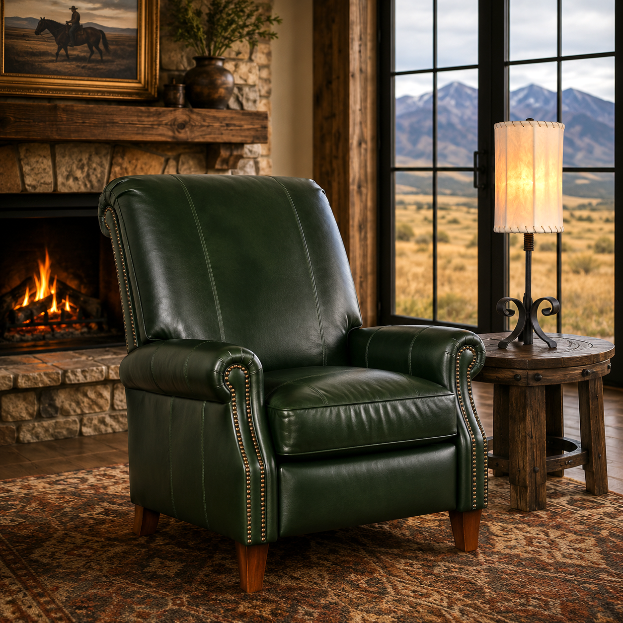 Luxury green leather recliner in ranch rustic living room 