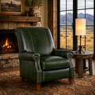 Luxury green leather recliner in ranch rustic living room 