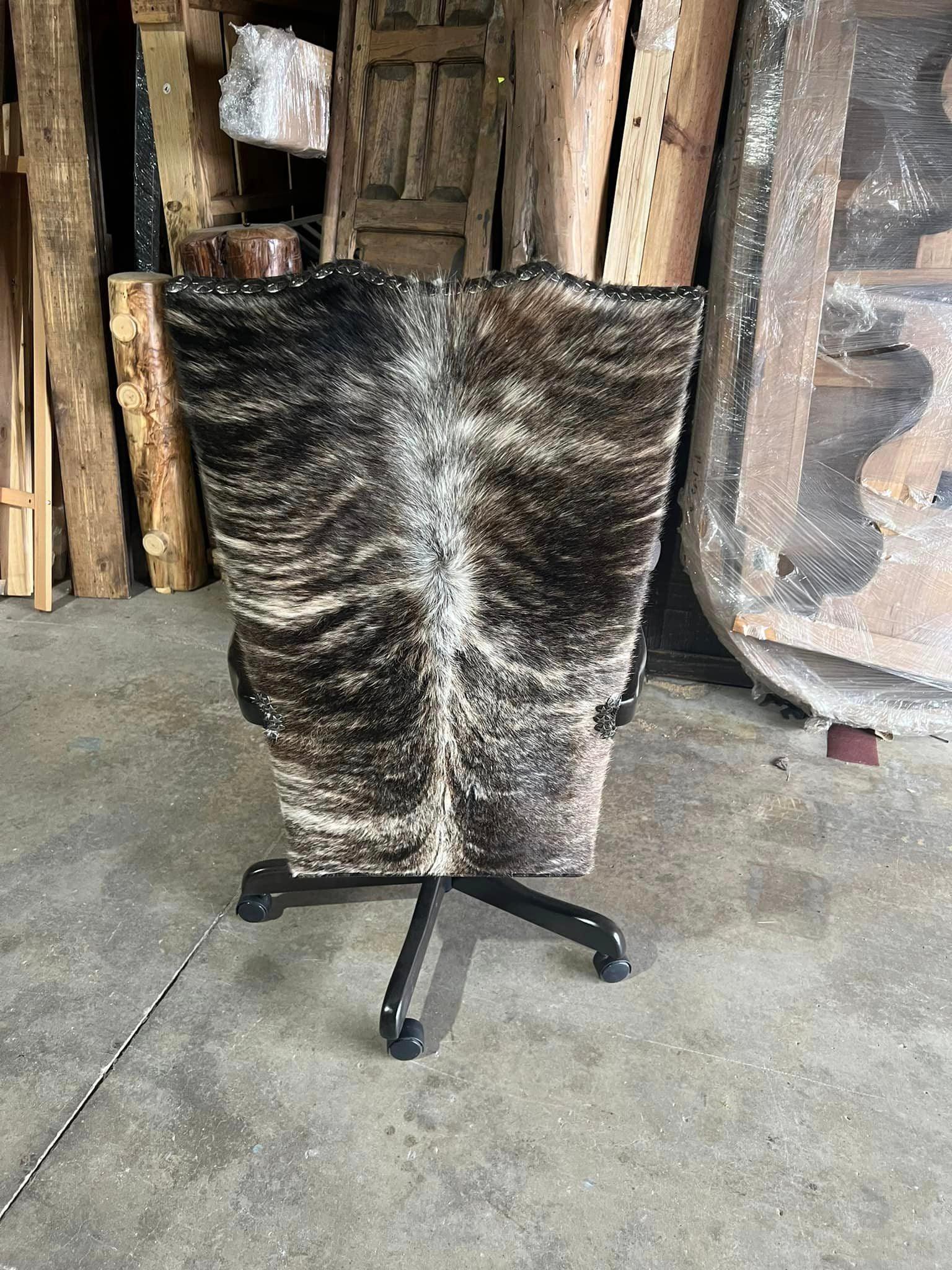 Rustic Distressed Leather Office Chair with Brindle Cowhide Back -Blue Mountain Brands USA