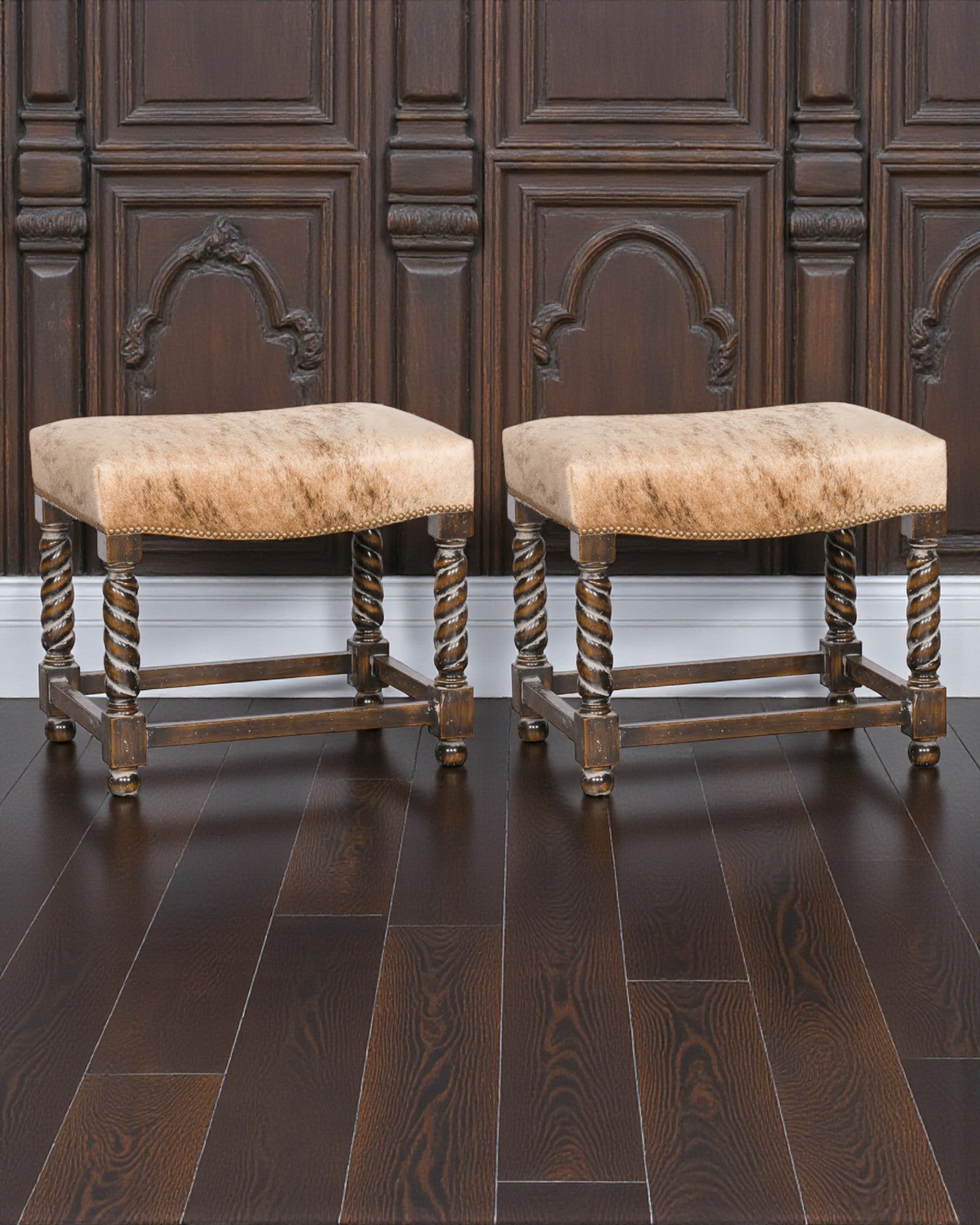 Two  Eastwood brindle cowhide upholstered ottoman / stools made in the USA - Blue Mountain Brands USA Home Furnishings 