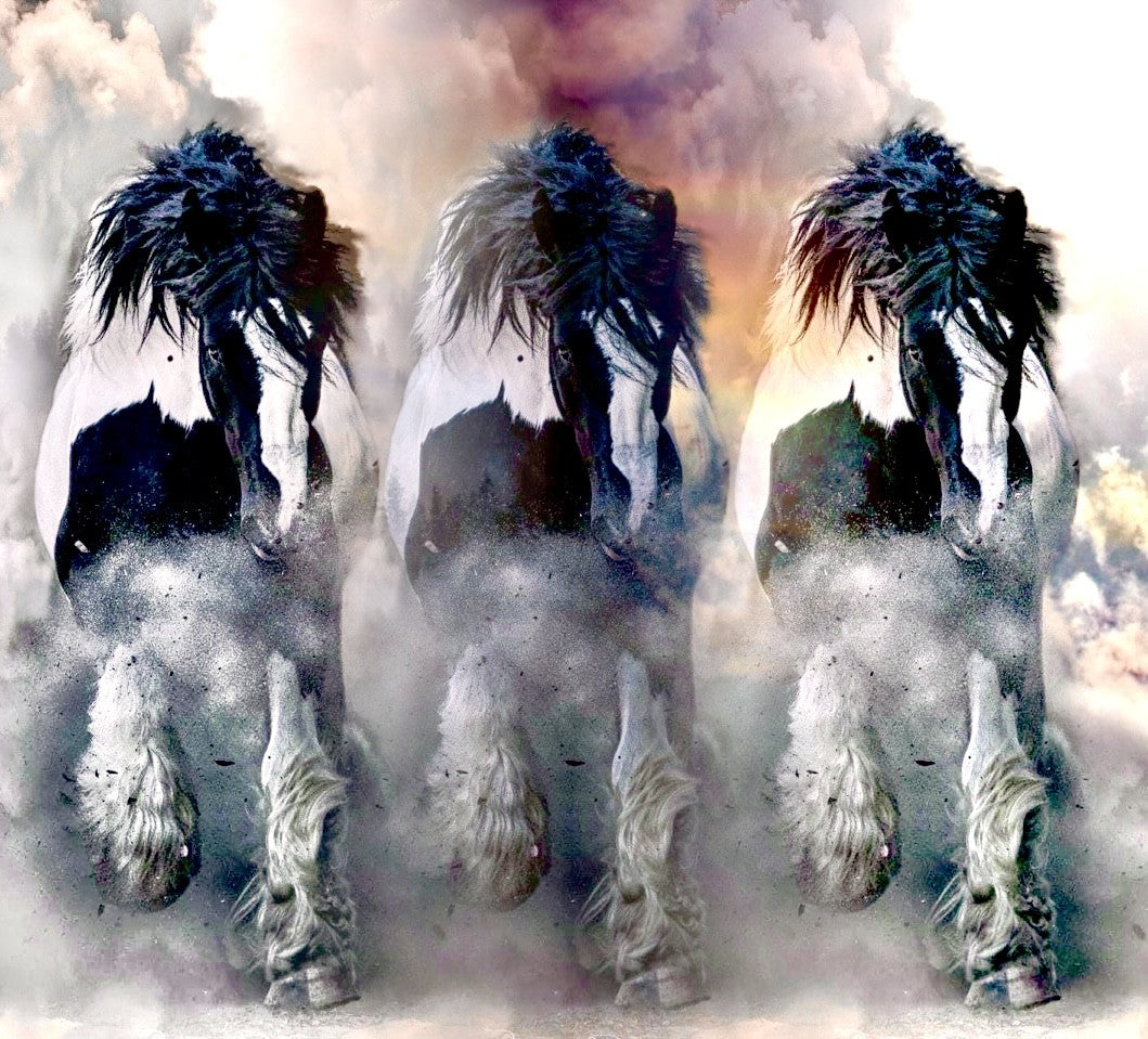 Trio of black and white Gypsy horses galloping from a storm of smoke - art by artist Sherri Alexander for Blue Mountain Brands USA