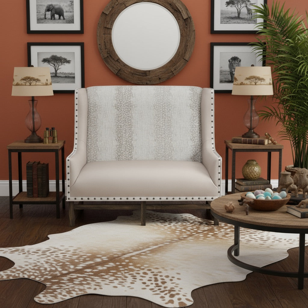 Living room with a beige armchair, wooden coffee table, and decorative elements - Blue Mountain Brands USA