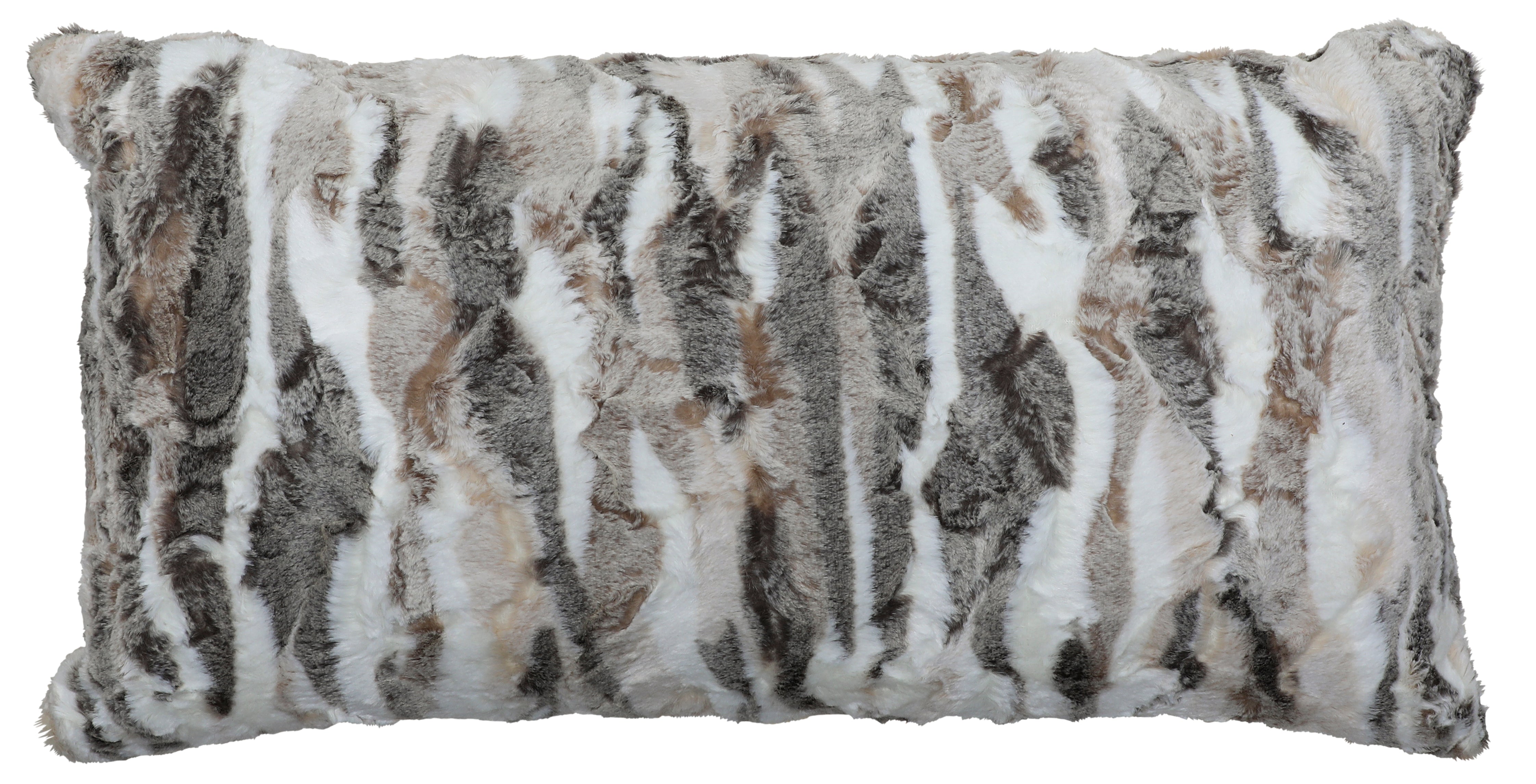 Himalayan faux fur oblong pillow 14x26 in white, tan, and grey tones with ultra-soft plush texture, reversible rustic lodge style decorative accent pillow