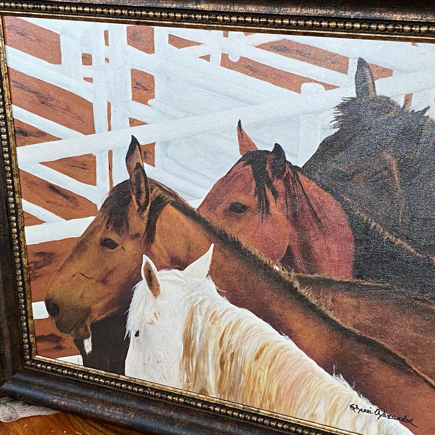 Framed artwork of 5 horses in a holding pen. Canvas art by Sherri Alexander - Blue Mountain Brands USA