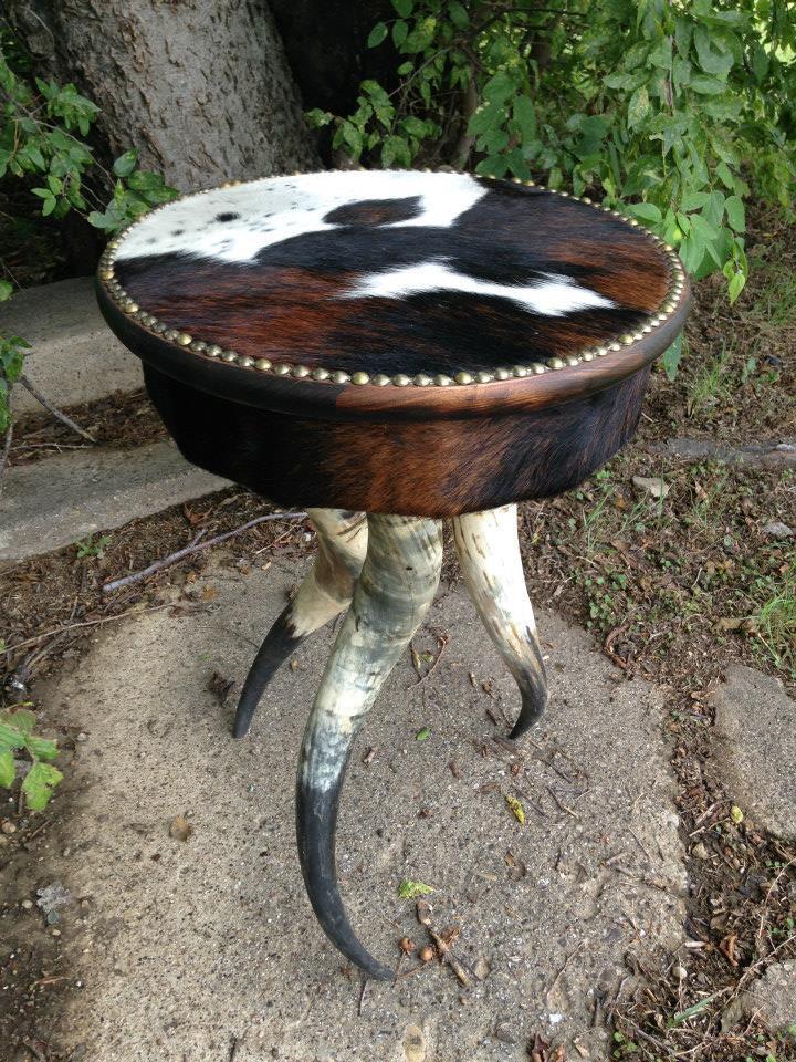 Tri color cowhide upholstered side table custom made in the USA - Your Western Decor