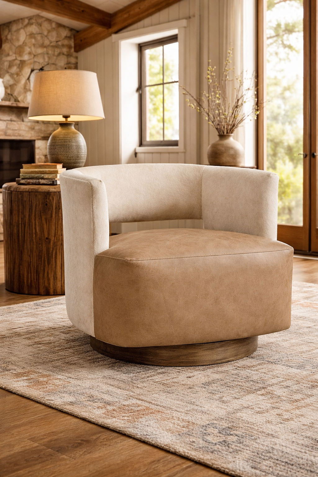 ivory cowhide and tan leather swivel chair in modern western ranch living room with wood side table and ceramic lamp on neutral rug