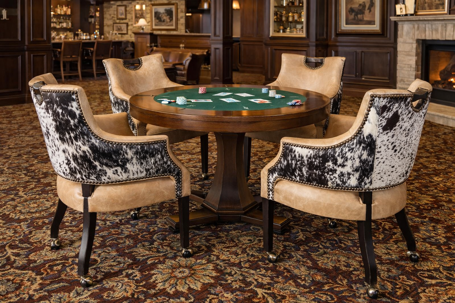 Poker table with ivory leather and peppered cowhide chairs in a room with wooden furniture and decor.