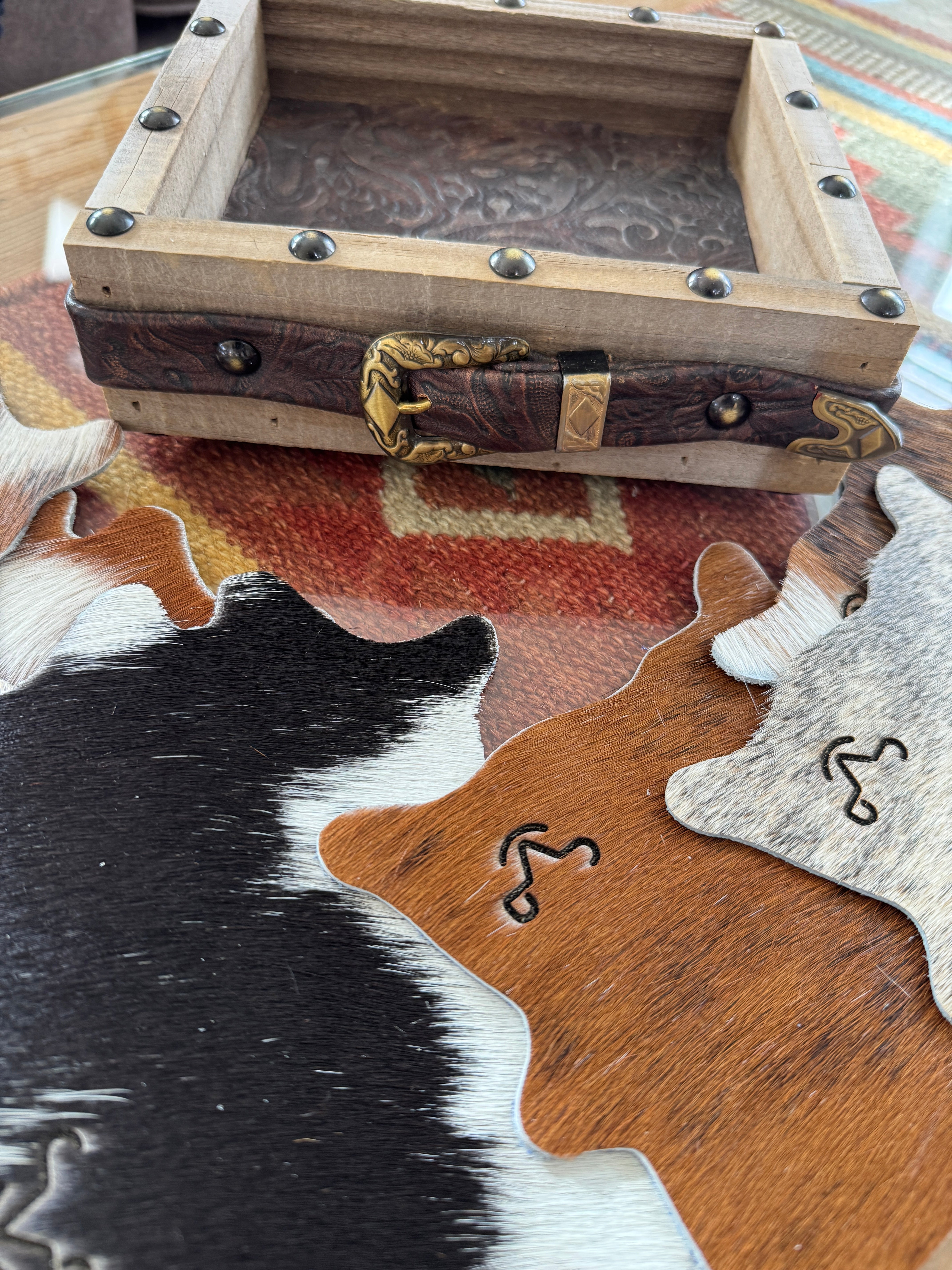 Miscellaneous color cowhide coasters with laser ranch brands and display box - Your Western Decor 