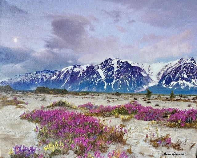 Scenic landscape with snow-capped mountains and pink flowers in the foreground - Art by Sherri Alexander for Blue Mountain Brands USA