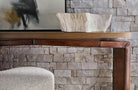 Sauvage leather console table with wood top made in the USA for Blue Mountain Brands USA