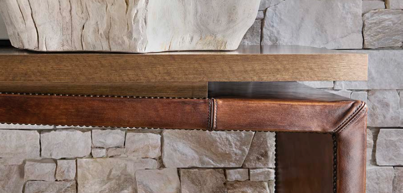 Sauvage leather console table detail with wood top made in the USA for Blue Mountain Brands USA