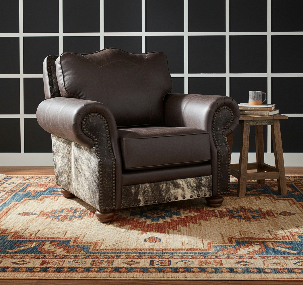 Leazenby leather and cowhide club chair in room - Your Western Decor